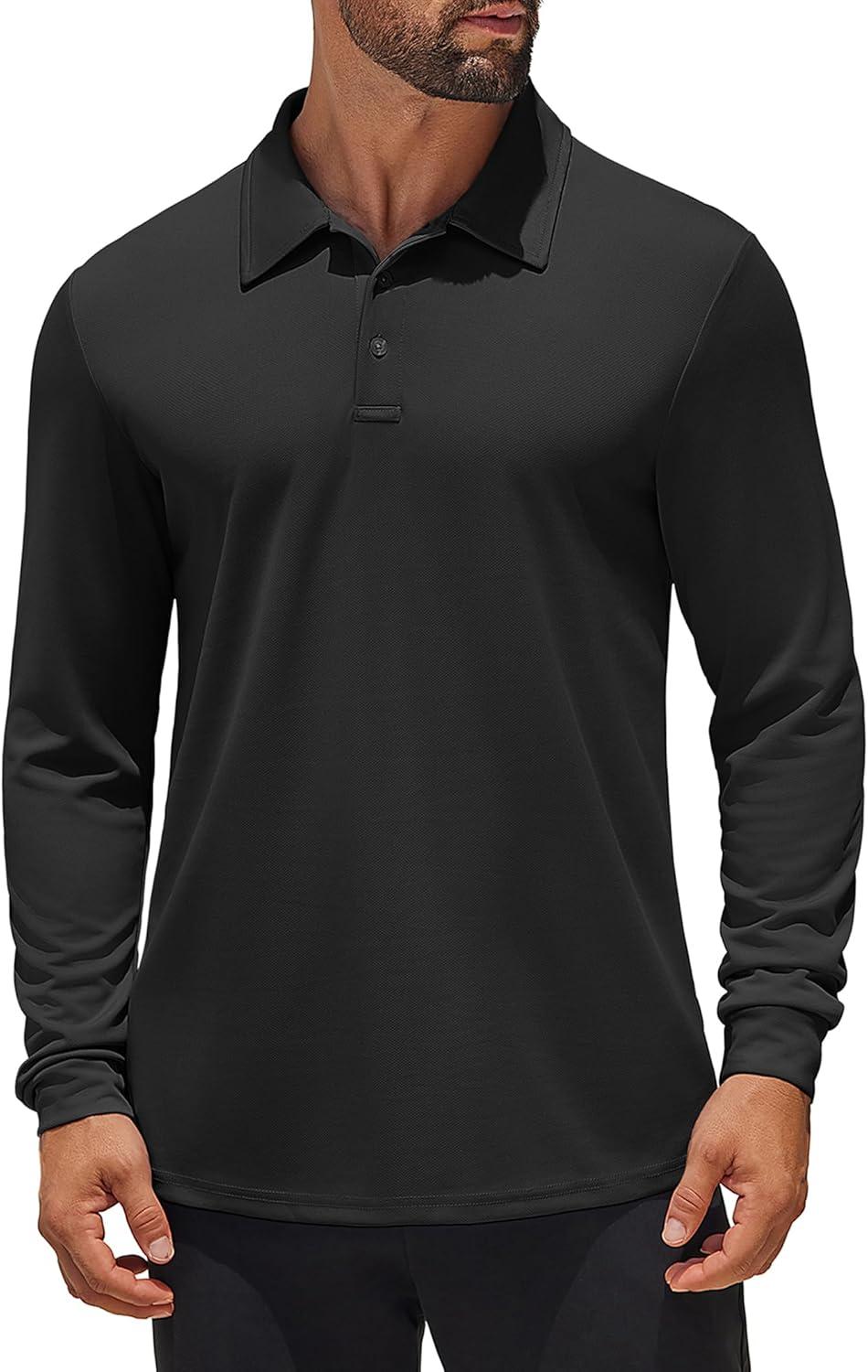 imageCOOFANDY Mens Long Sleeve Polo Shirts Quick Dry Moisture Wicking Lightweight Golf Shirts Casual Collared ShirtBlack