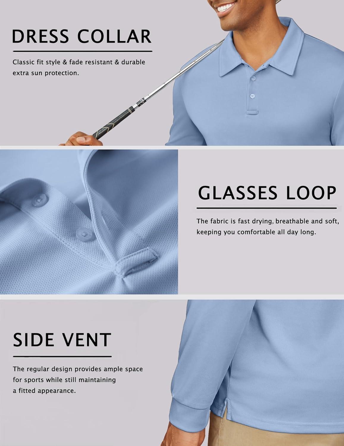 imageCOOFANDY Mens Long Sleeve Polo Shirts Quick Dry Moisture Wicking Lightweight Golf Shirts Casual Collared ShirtBlue