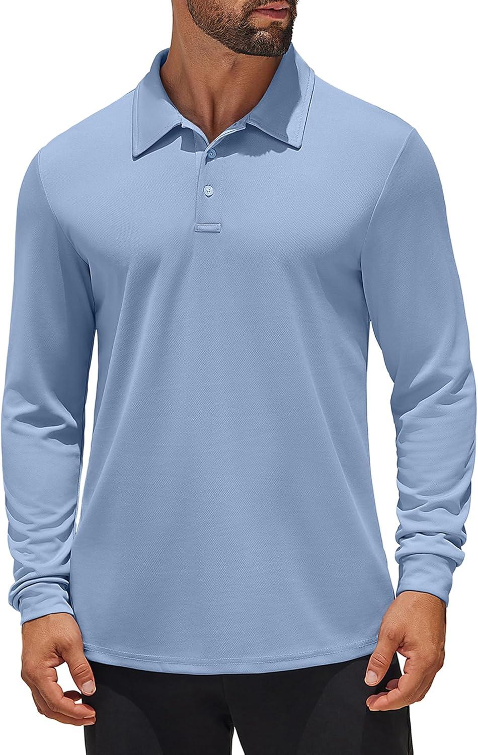 imageCOOFANDY Mens Long Sleeve Polo Shirts Quick Dry Moisture Wicking Lightweight Golf Shirts Casual Collared ShirtBlue