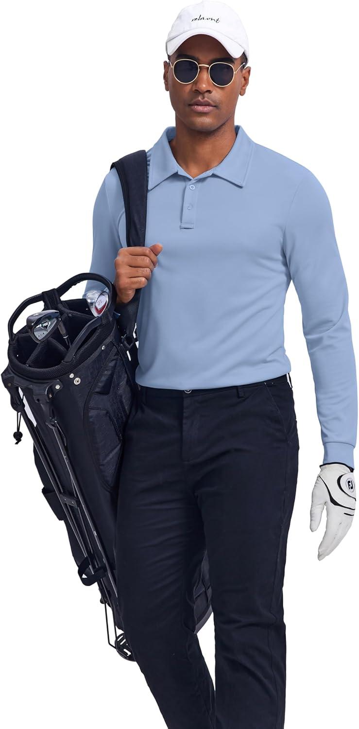 imageCOOFANDY Mens Long Sleeve Polo Shirts Quick Dry Moisture Wicking Lightweight Golf Shirts Casual Collared ShirtBlue
