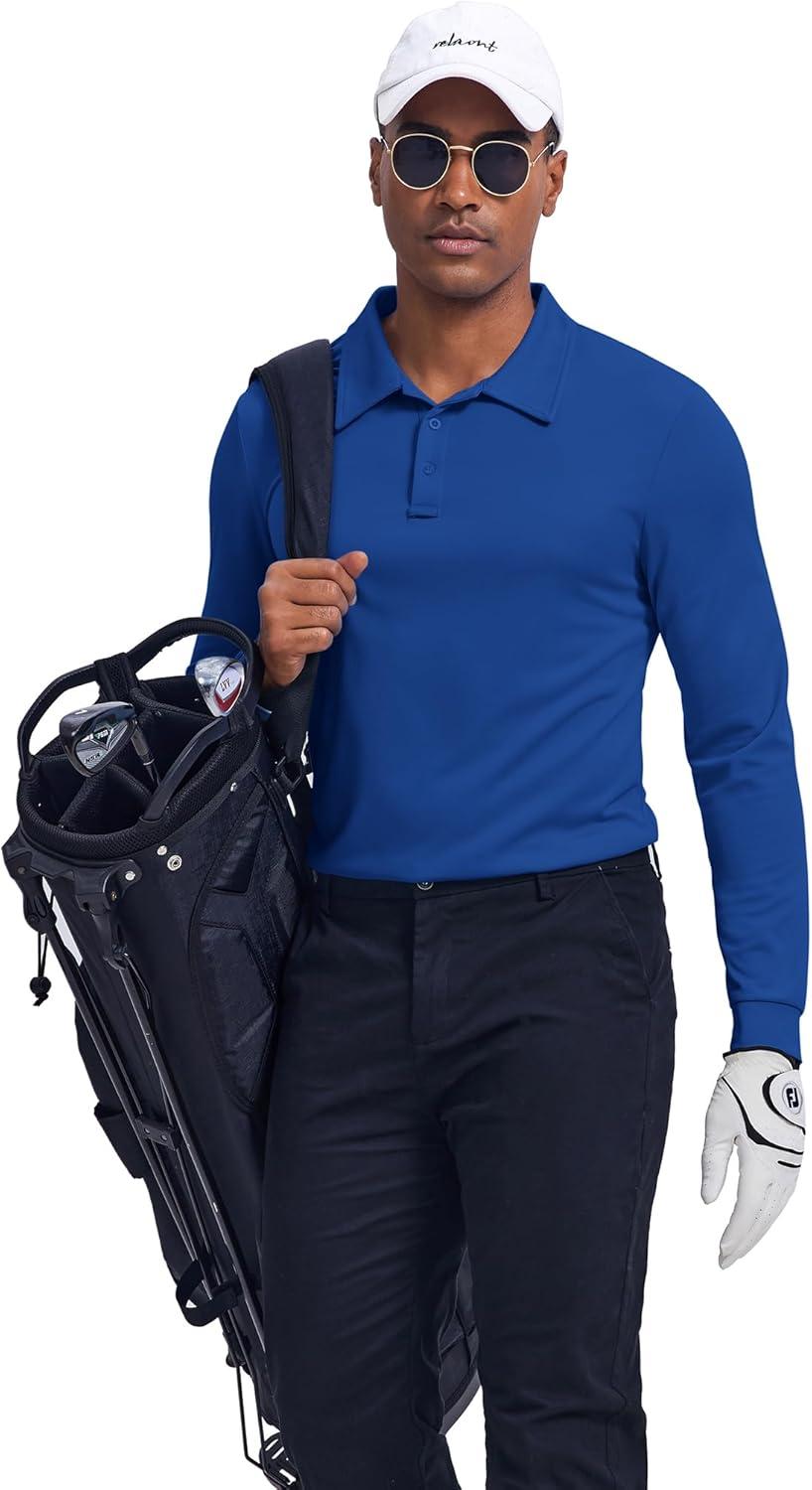 imageCOOFANDY Mens Long Sleeve Polo Shirts Quick Dry Moisture Wicking Lightweight Golf Shirts Casual Collared ShirtDark Blue