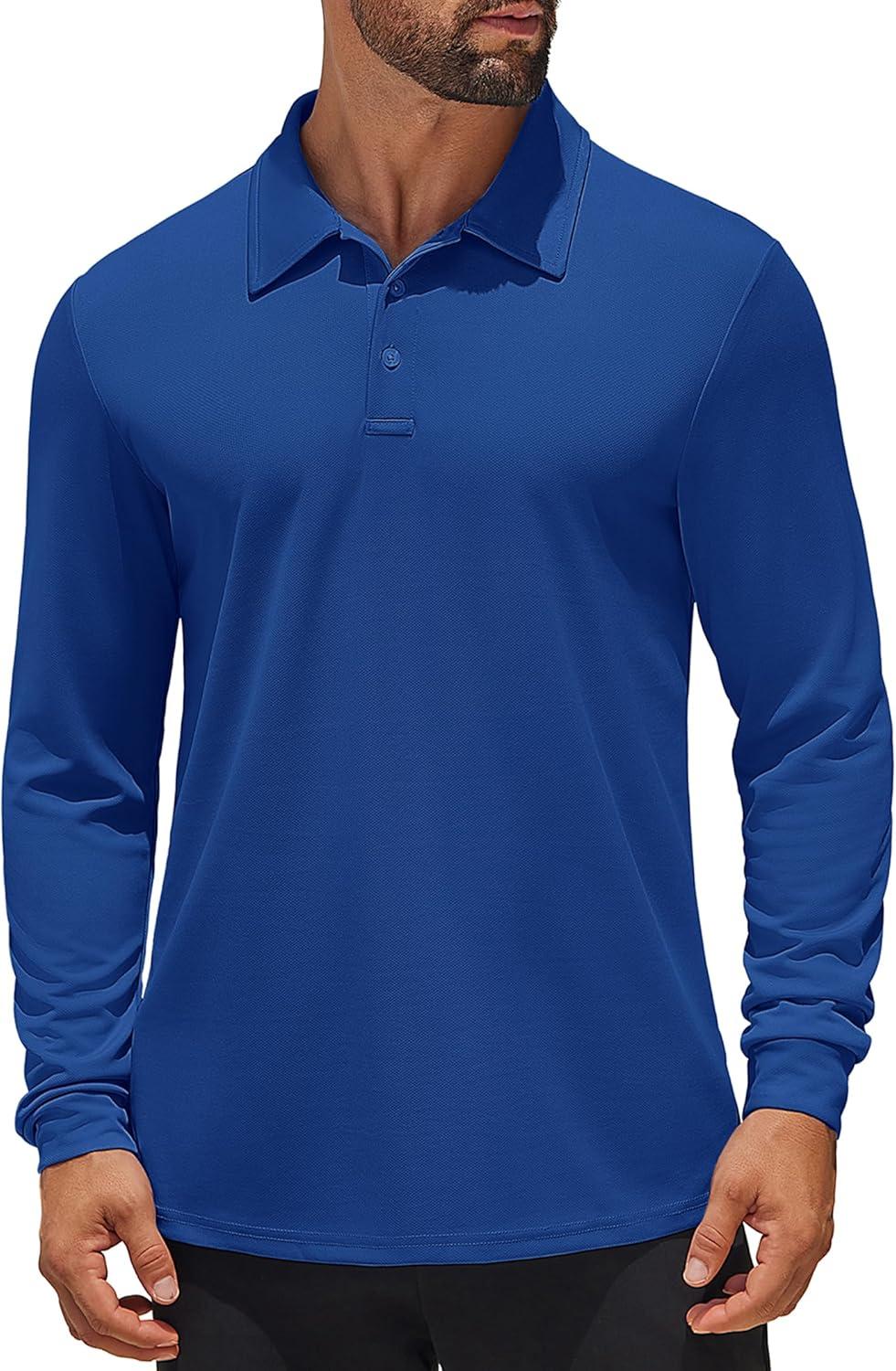 imageCOOFANDY Mens Long Sleeve Polo Shirts Quick Dry Moisture Wicking Lightweight Golf Shirts Casual Collared ShirtDark Blue
