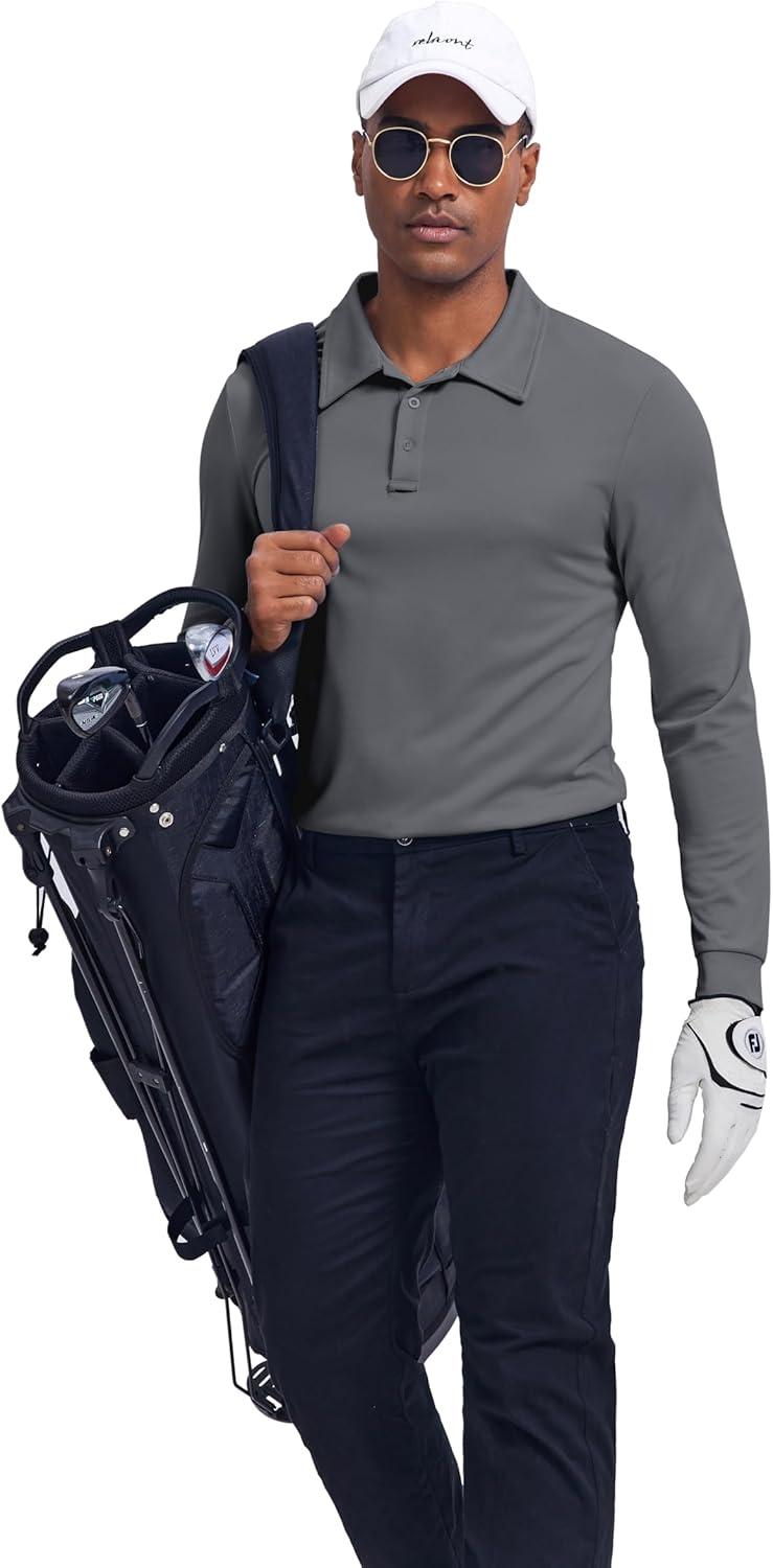 imageCOOFANDY Mens Long Sleeve Polo Shirts Quick Dry Moisture Wicking Lightweight Golf Shirts Casual Collared ShirtDark Grey