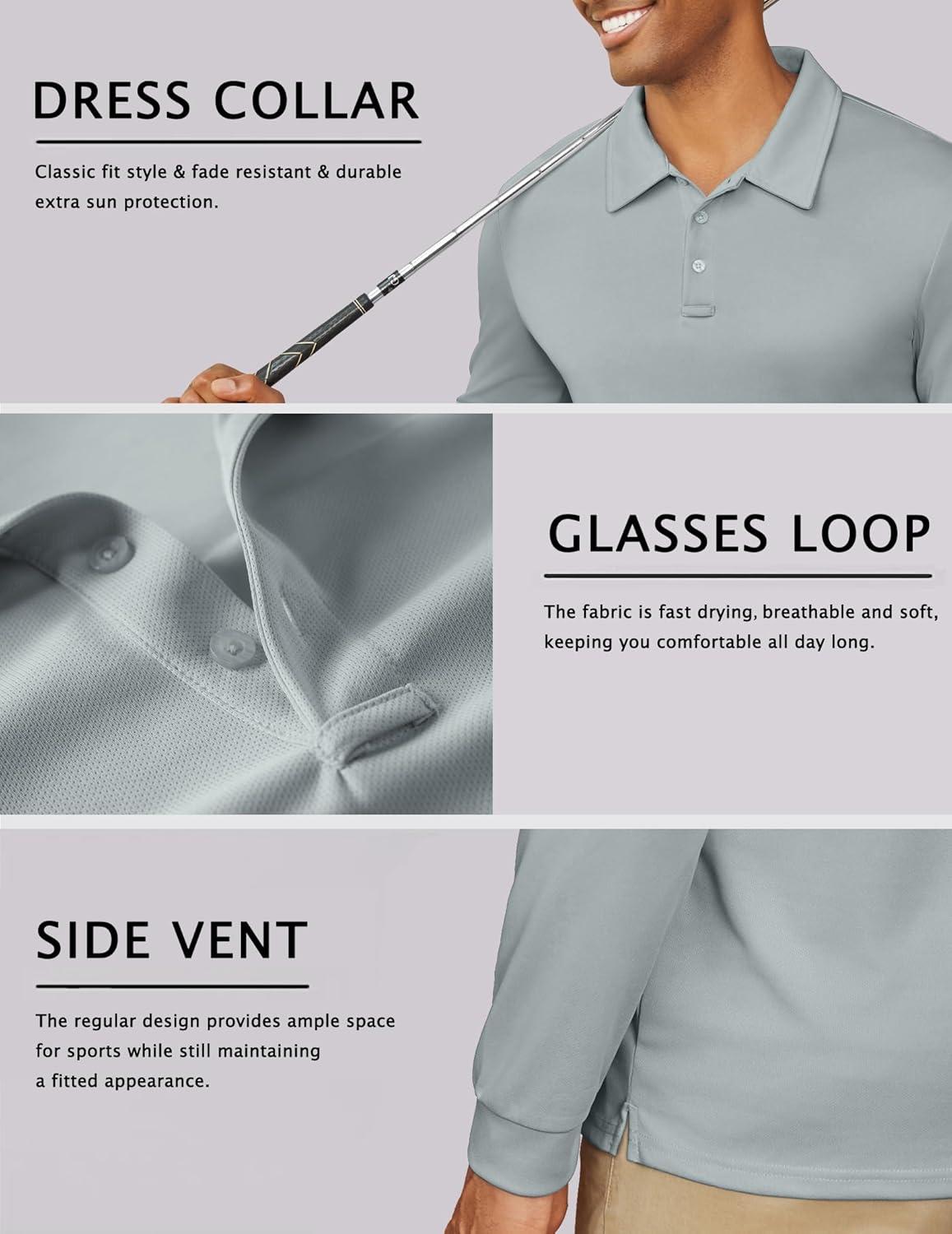 imageCOOFANDY Mens Long Sleeve Polo Shirts Quick Dry Moisture Wicking Lightweight Golf Shirts Casual Collared ShirtLight Grey