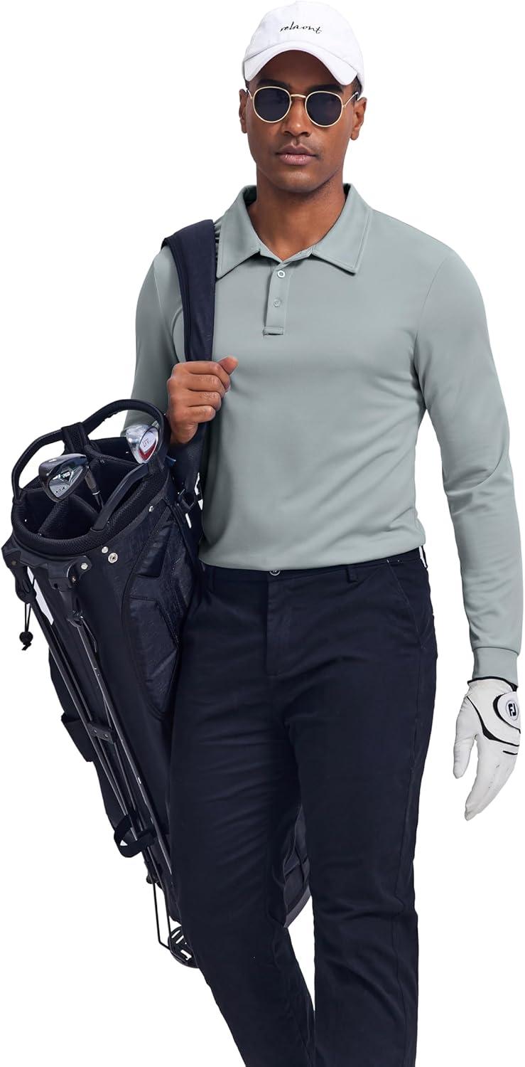 imageCOOFANDY Mens Long Sleeve Polo Shirts Quick Dry Moisture Wicking Lightweight Golf Shirts Casual Collared ShirtLight Grey