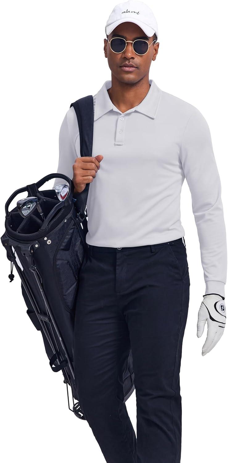 imageCOOFANDY Mens Long Sleeve Polo Shirts Quick Dry Moisture Wicking Lightweight Golf Shirts Casual Collared ShirtWhite