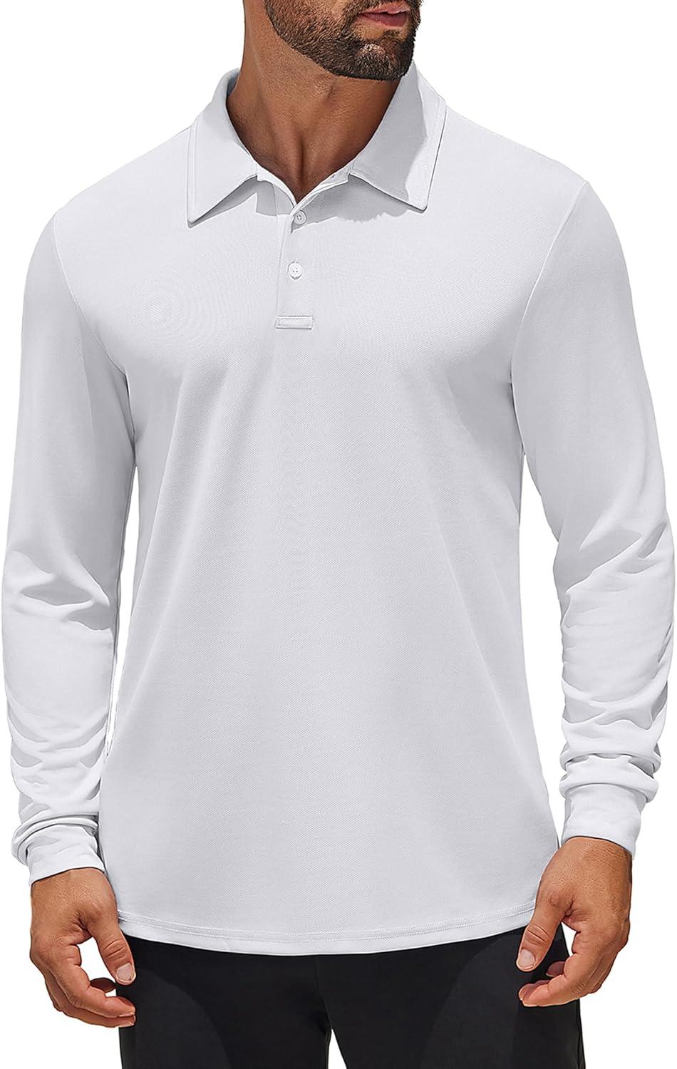 imageCOOFANDY Mens Long Sleeve Polo Shirts Quick Dry Moisture Wicking Lightweight Golf Shirts Casual Collared ShirtWhite
