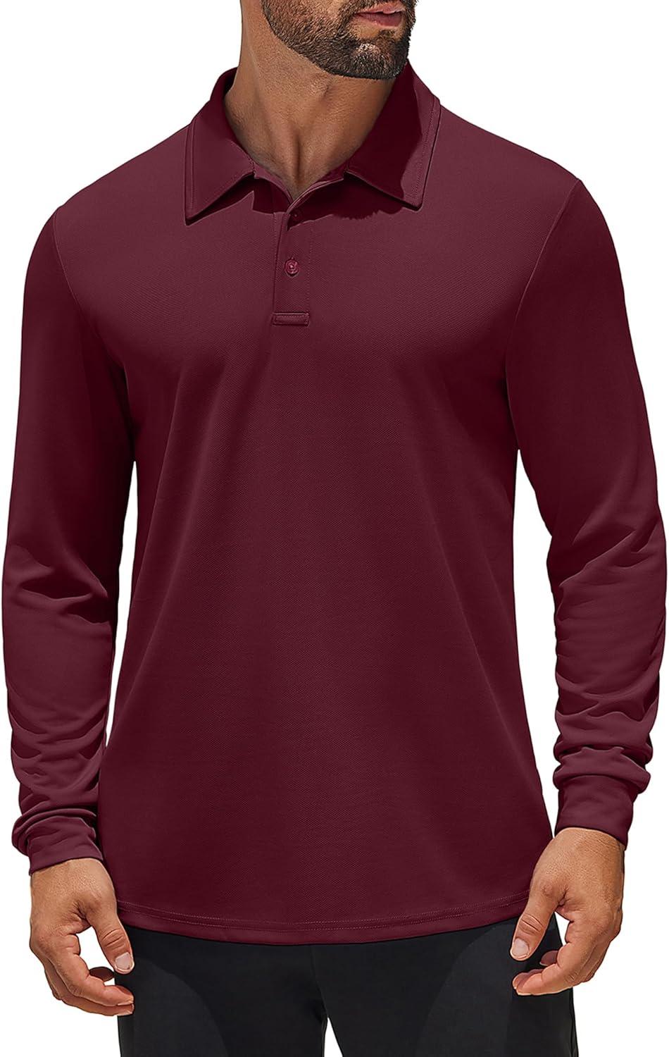 imageCOOFANDY Mens Long Sleeve Polo Shirts Quick Dry Moisture Wicking Lightweight Golf Shirts Casual Collared ShirtWine Red
