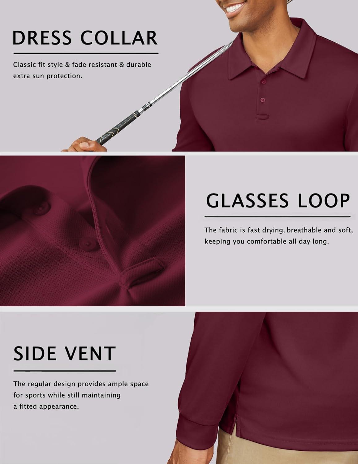 imageCOOFANDY Mens Long Sleeve Polo Shirts Quick Dry Moisture Wicking Lightweight Golf Shirts Casual Collared ShirtWine Red