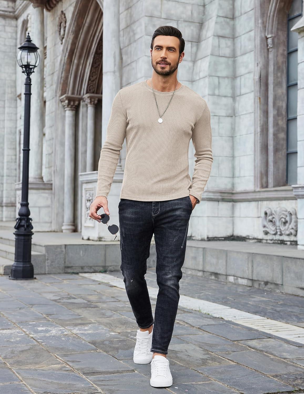 imageCOOFANDY Mens Long Sleeve Shirts Thermal TShirt Slim Fit Crewneck Sweater Knitted Pullover ShirtBeige