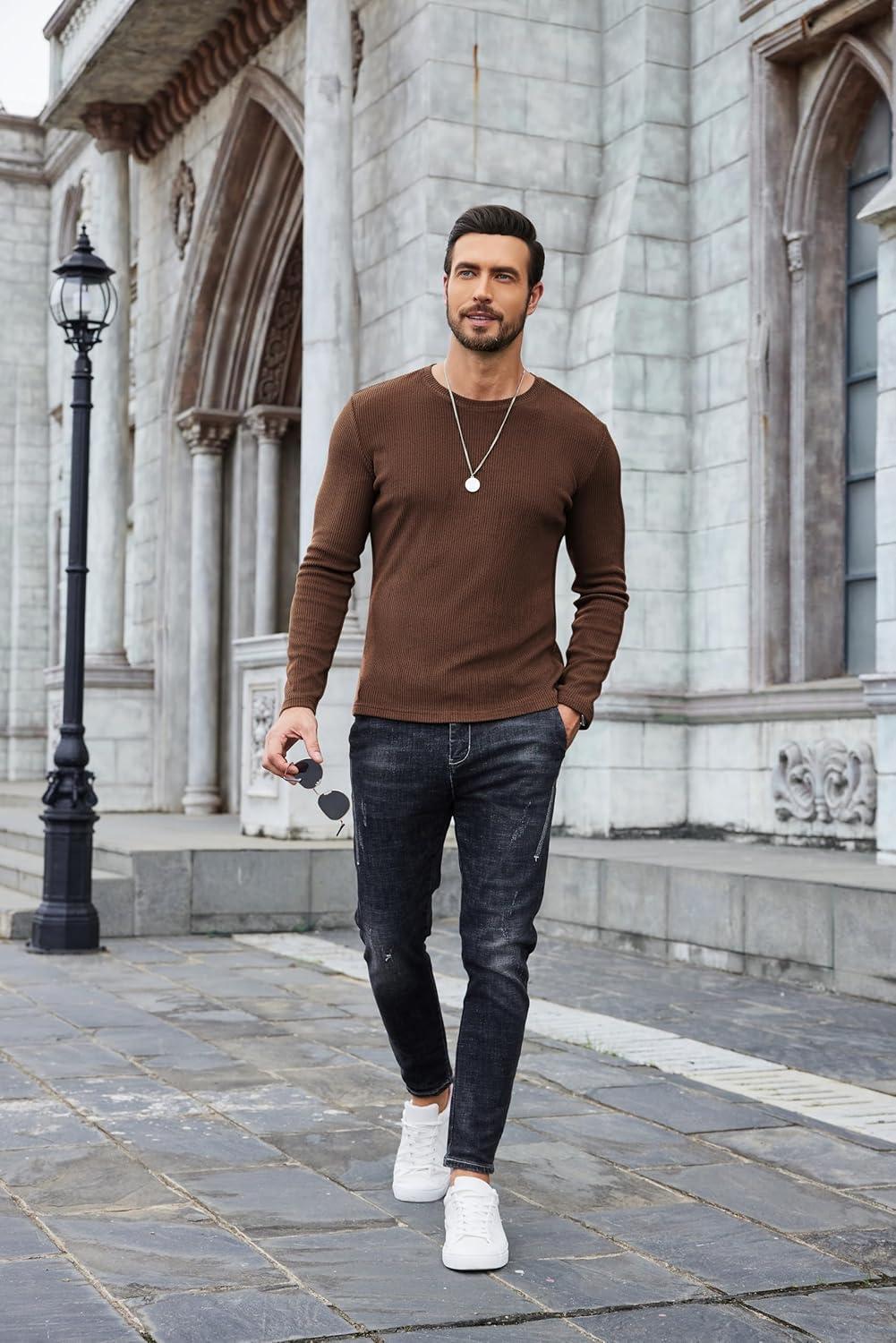 imageCOOFANDY Mens Long Sleeve Shirts Thermal TShirt Slim Fit Crewneck Sweater Knitted Pullover ShirtBrown