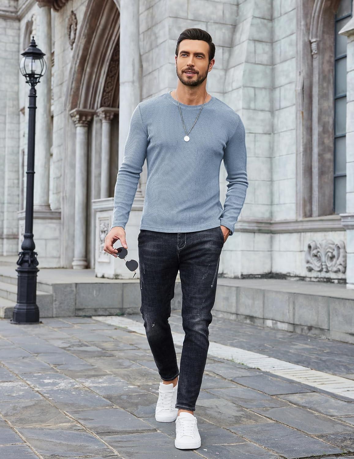 imageCOOFANDY Mens Long Sleeve Shirts Thermal TShirt Slim Fit Crewneck Sweater Knitted Pullover ShirtLight Blue