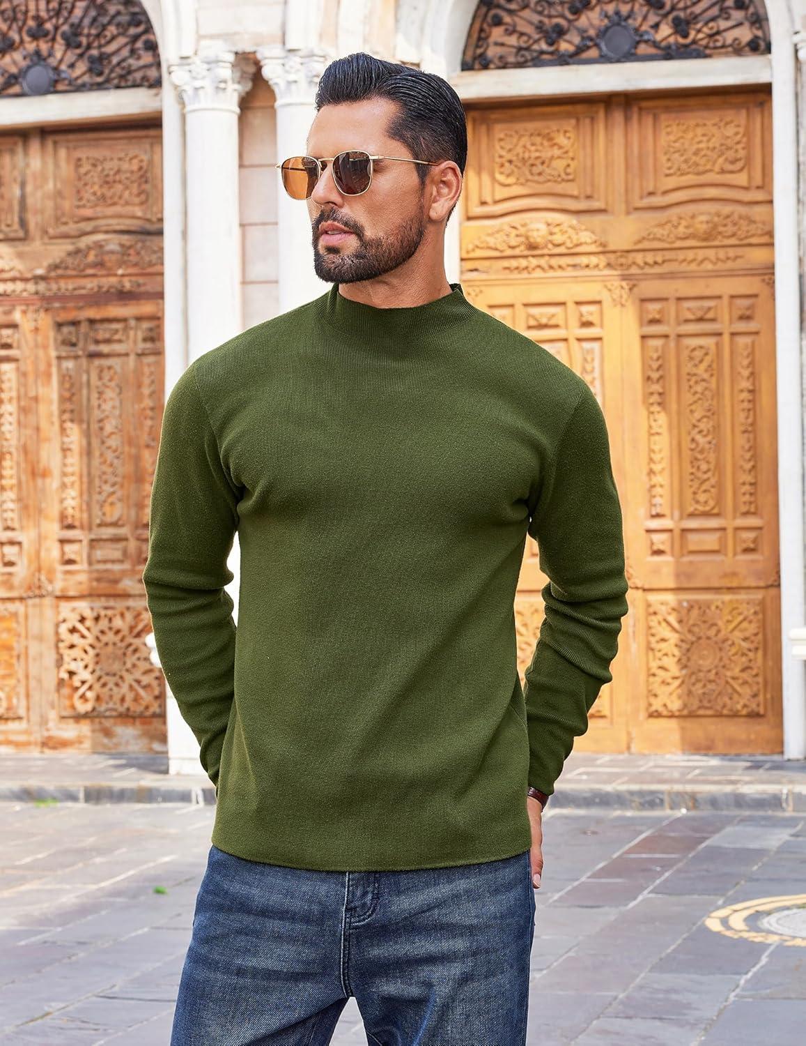 imageCOOFANDY Mens Mock Turtleneck Sweater Long Sleeve Basic Thermal Undershirt Slim Fit Lightweight Pullover SweatersArmy Green