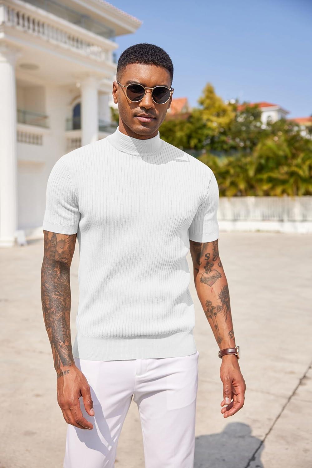 imageCOOFANDY Mens Mock Turtleneck Sweater Short Sleeve Casual Basic Tops Ribbed Knit Pullover Solid TeeAll White