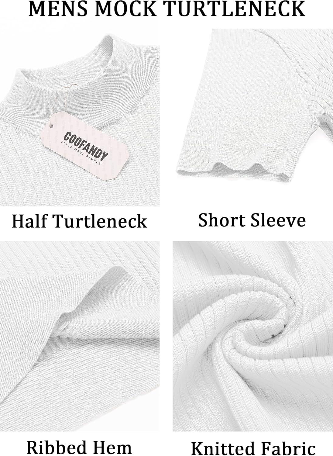 imageCOOFANDY Mens Mock Turtleneck Sweater Short Sleeve Casual Basic Tops Ribbed Knit Pullover Solid TeeAll White