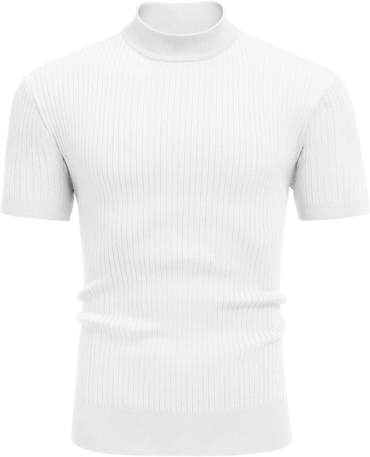 imageCOOFANDY Mens Mock Turtleneck Sweater Short Sleeve Casual Basic Tops Ribbed Knit Pullover Solid TeeAll White