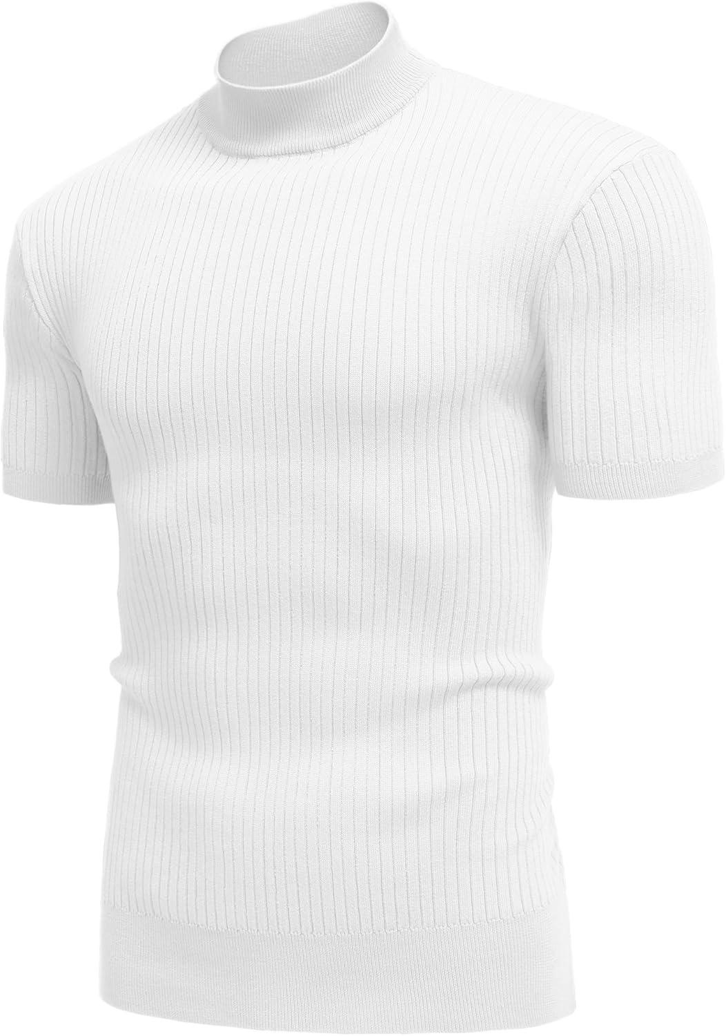 imageCOOFANDY Mens Mock Turtleneck Sweater Short Sleeve Casual Basic Tops Ribbed Knit Pullover Solid TeeAll White