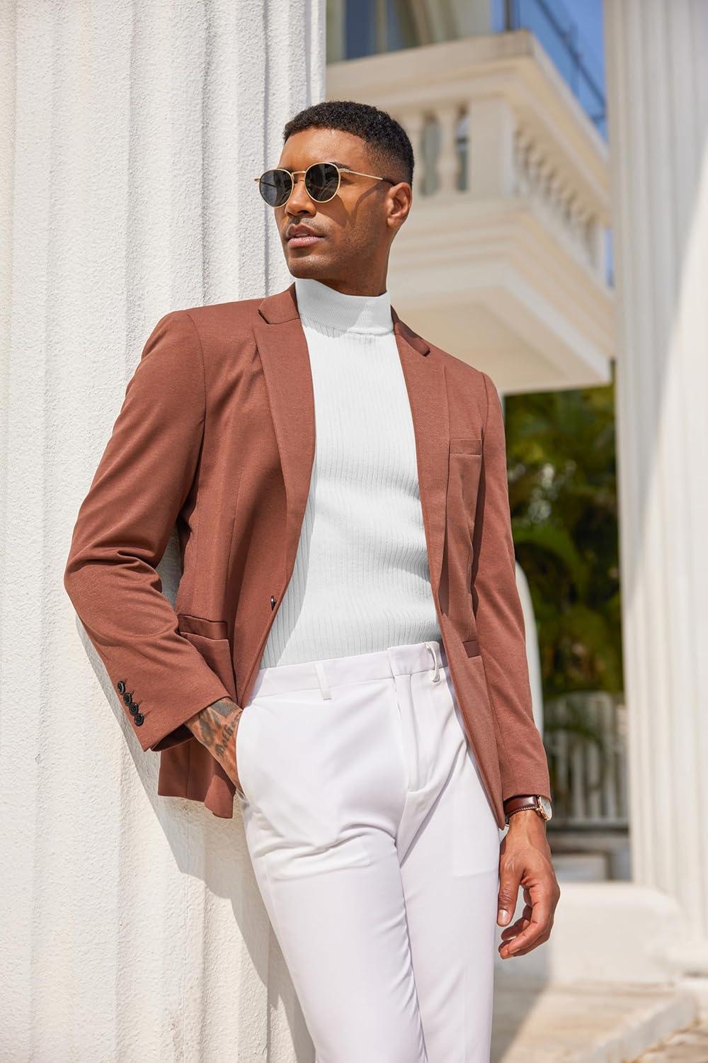 imageCOOFANDY Mens Mock Turtleneck Sweater Short Sleeve Casual Basic Tops Ribbed Knit Pullover Solid TeeAll White