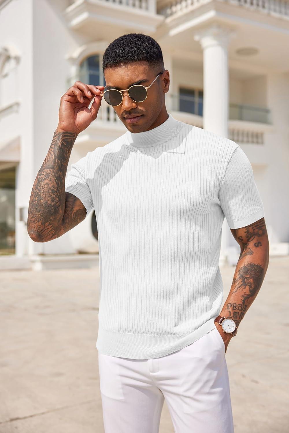 imageCOOFANDY Mens Mock Turtleneck Sweater Short Sleeve Casual Basic Tops Ribbed Knit Pullover Solid TeeAll White