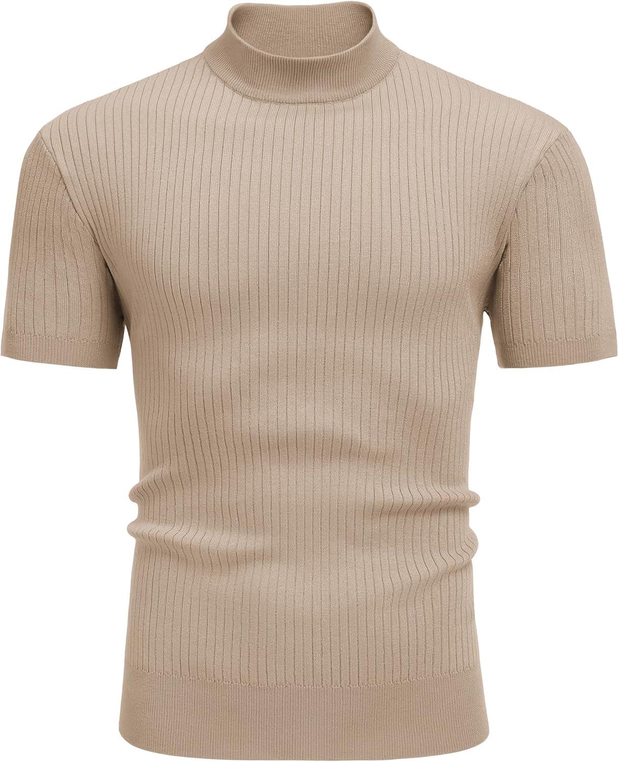 imageCOOFANDY Mens Mock Turtleneck Sweater Short Sleeve Casual Basic Tops Ribbed Knit Pullover Solid TeeBeige