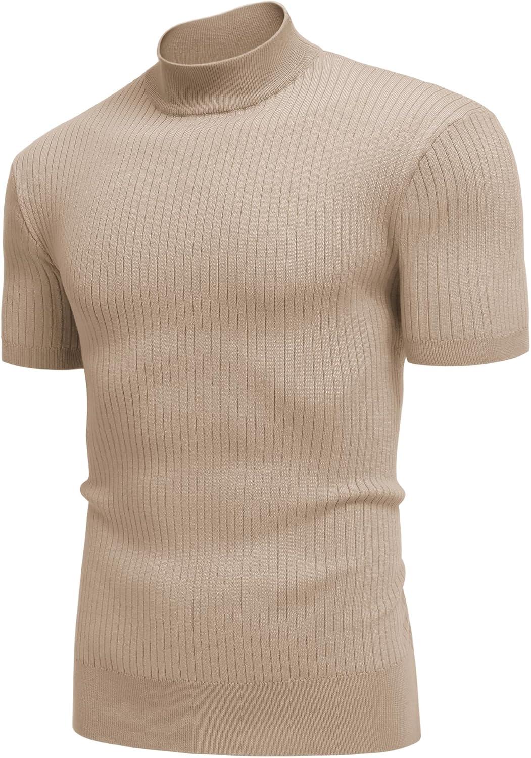 imageCOOFANDY Mens Mock Turtleneck Sweater Short Sleeve Casual Basic Tops Ribbed Knit Pullover Solid TeeBeige