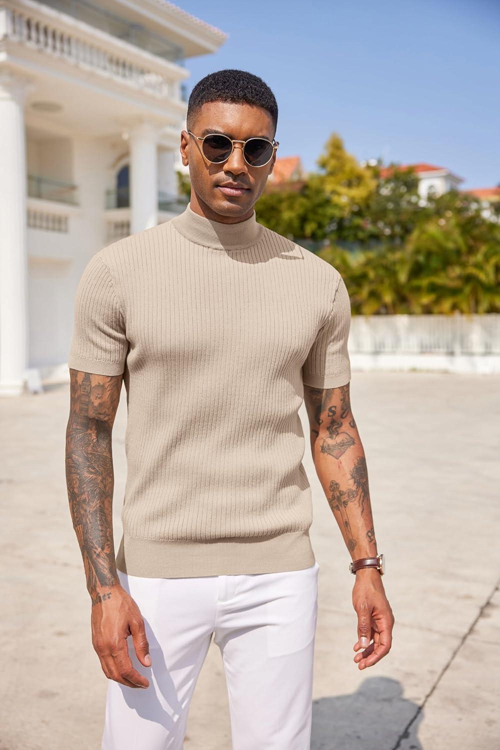 imageCOOFANDY Mens Mock Turtleneck Sweater Short Sleeve Casual Basic Tops Ribbed Knit Pullover Solid TeeBeige