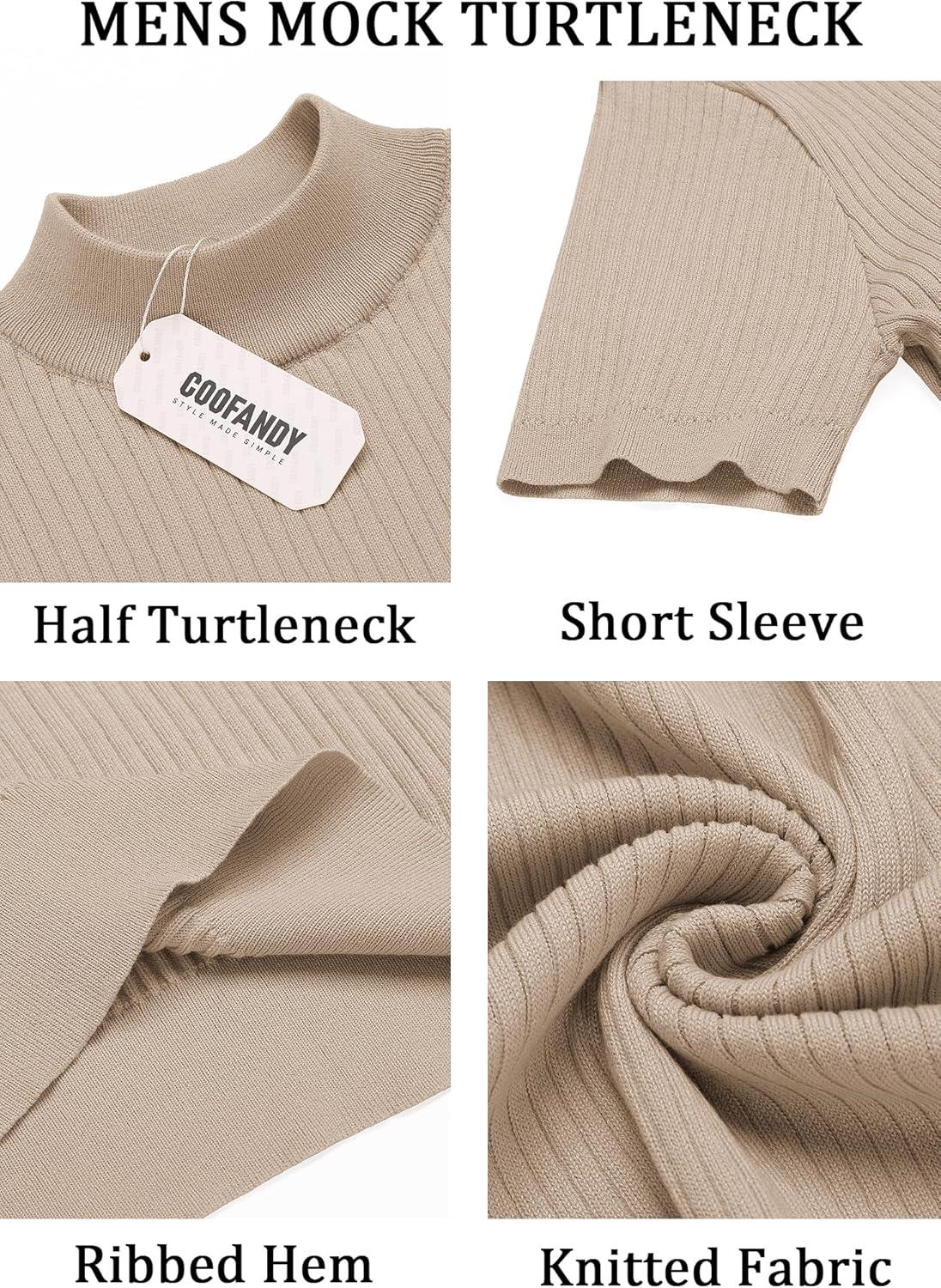 imageCOOFANDY Mens Mock Turtleneck Sweater Short Sleeve Casual Basic Tops Ribbed Knit Pullover Solid TeeBeige