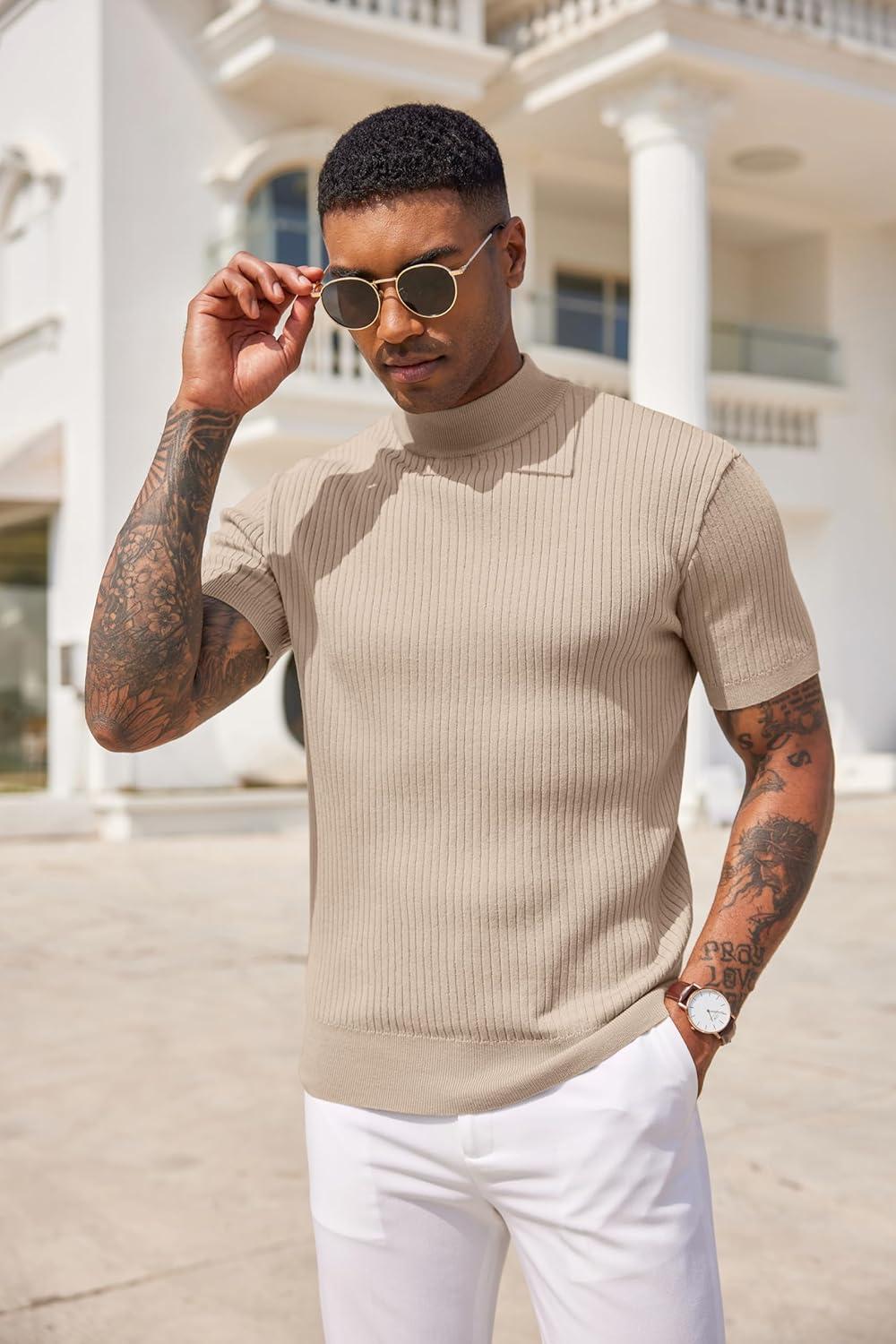 imageCOOFANDY Mens Mock Turtleneck Sweater Short Sleeve Casual Basic Tops Ribbed Knit Pullover Solid TeeBeige