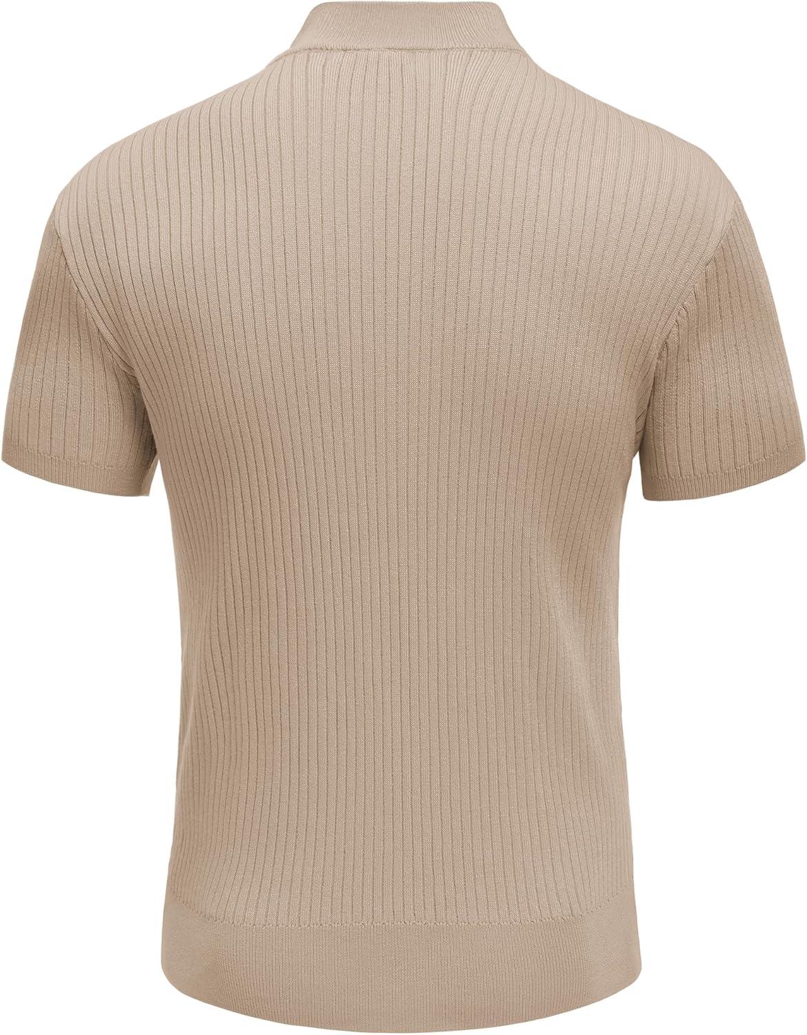 imageCOOFANDY Mens Mock Turtleneck Sweater Short Sleeve Casual Basic Tops Ribbed Knit Pullover Solid TeeBeige