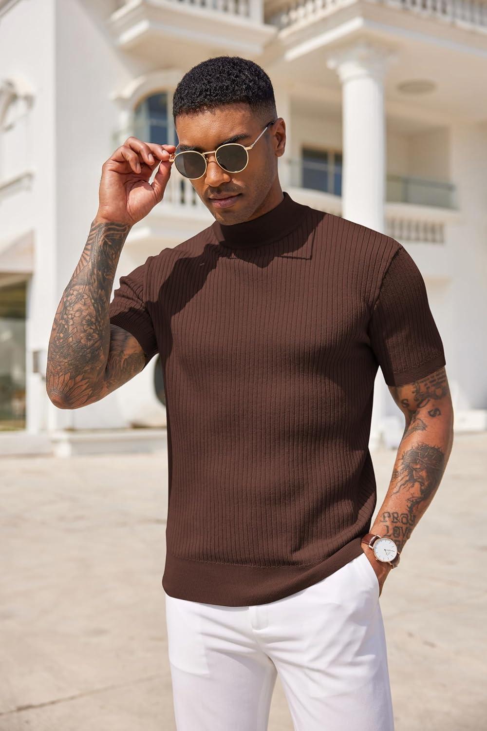 imageCOOFANDY Mens Mock Turtleneck Sweater Short Sleeve Casual Basic Tops Ribbed Knit Pullover Solid TeeBrown