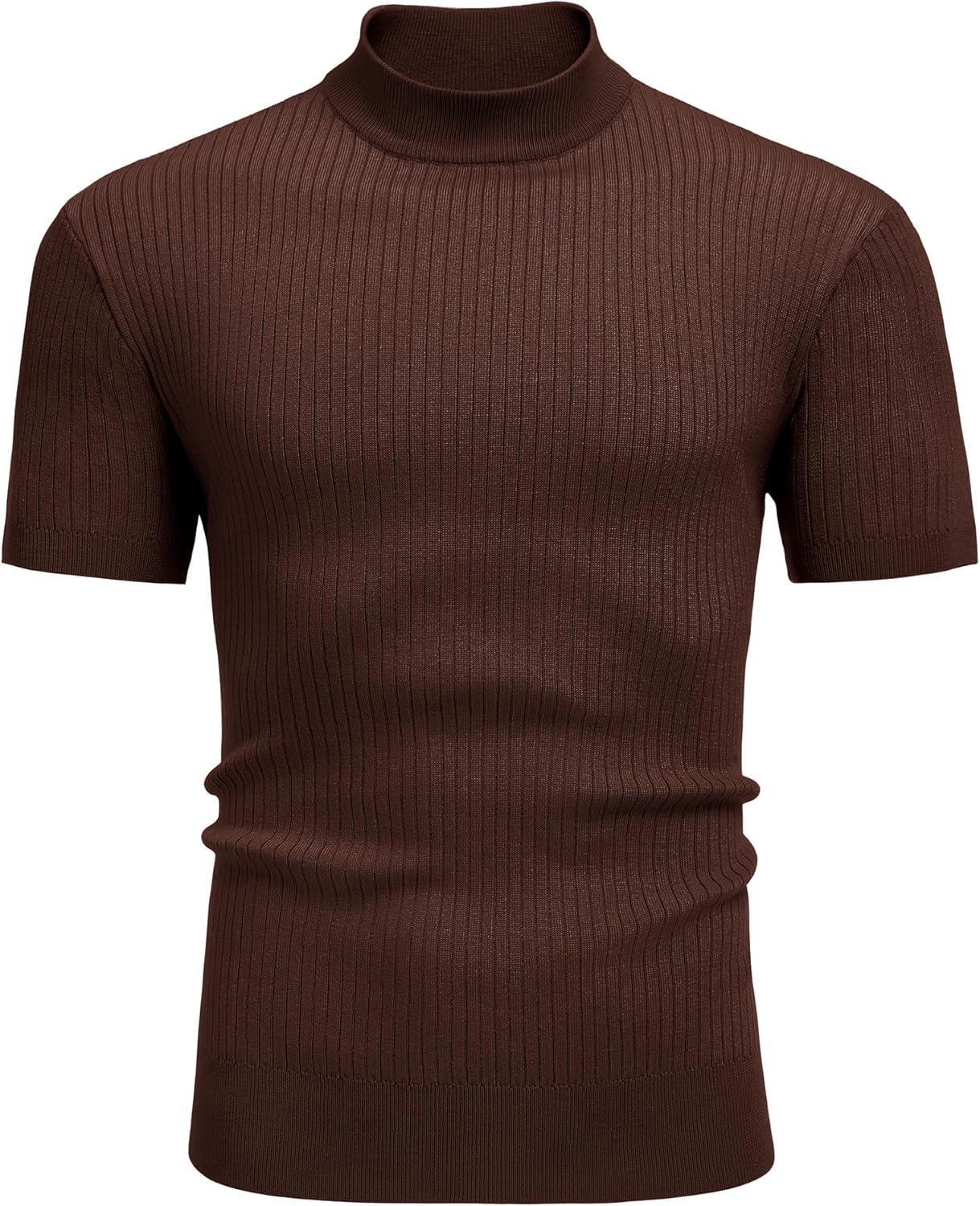 imageCOOFANDY Mens Mock Turtleneck Sweater Short Sleeve Casual Basic Tops Ribbed Knit Pullover Solid TeeBrown
