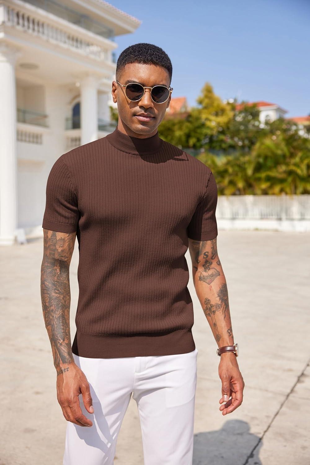 imageCOOFANDY Mens Mock Turtleneck Sweater Short Sleeve Casual Basic Tops Ribbed Knit Pullover Solid TeeBrown