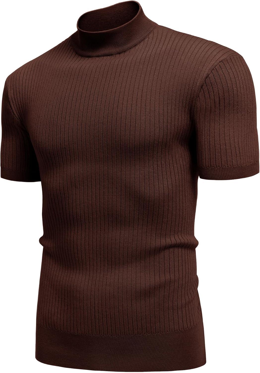 imageCOOFANDY Mens Mock Turtleneck Sweater Short Sleeve Casual Basic Tops Ribbed Knit Pullover Solid TeeBrown