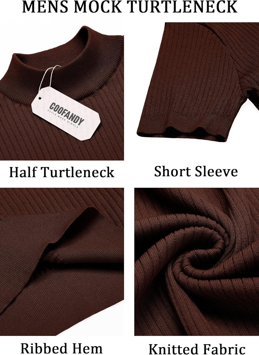 imageCOOFANDY Mens Mock Turtleneck Sweater Short Sleeve Casual Basic Tops Ribbed Knit Pullover Solid TeeBrown