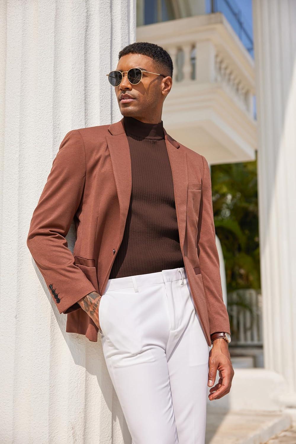 imageCOOFANDY Mens Mock Turtleneck Sweater Short Sleeve Casual Basic Tops Ribbed Knit Pullover Solid TeeBrown