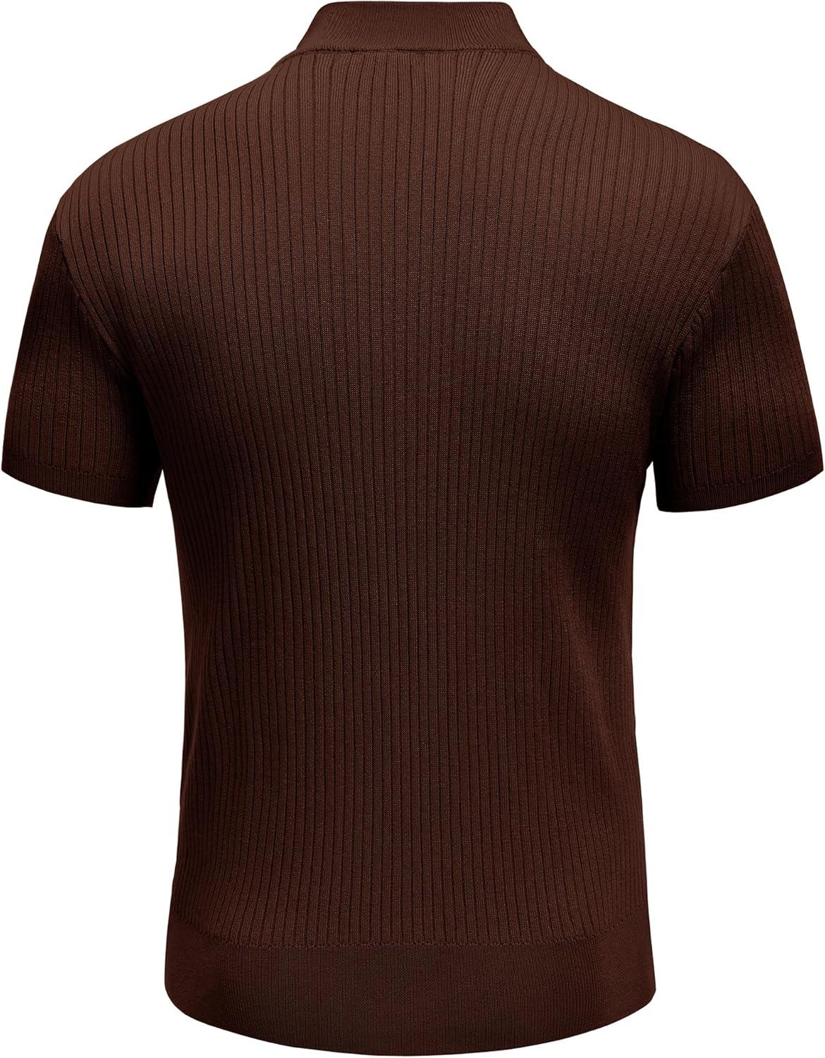 imageCOOFANDY Mens Mock Turtleneck Sweater Short Sleeve Casual Basic Tops Ribbed Knit Pullover Solid TeeBrown