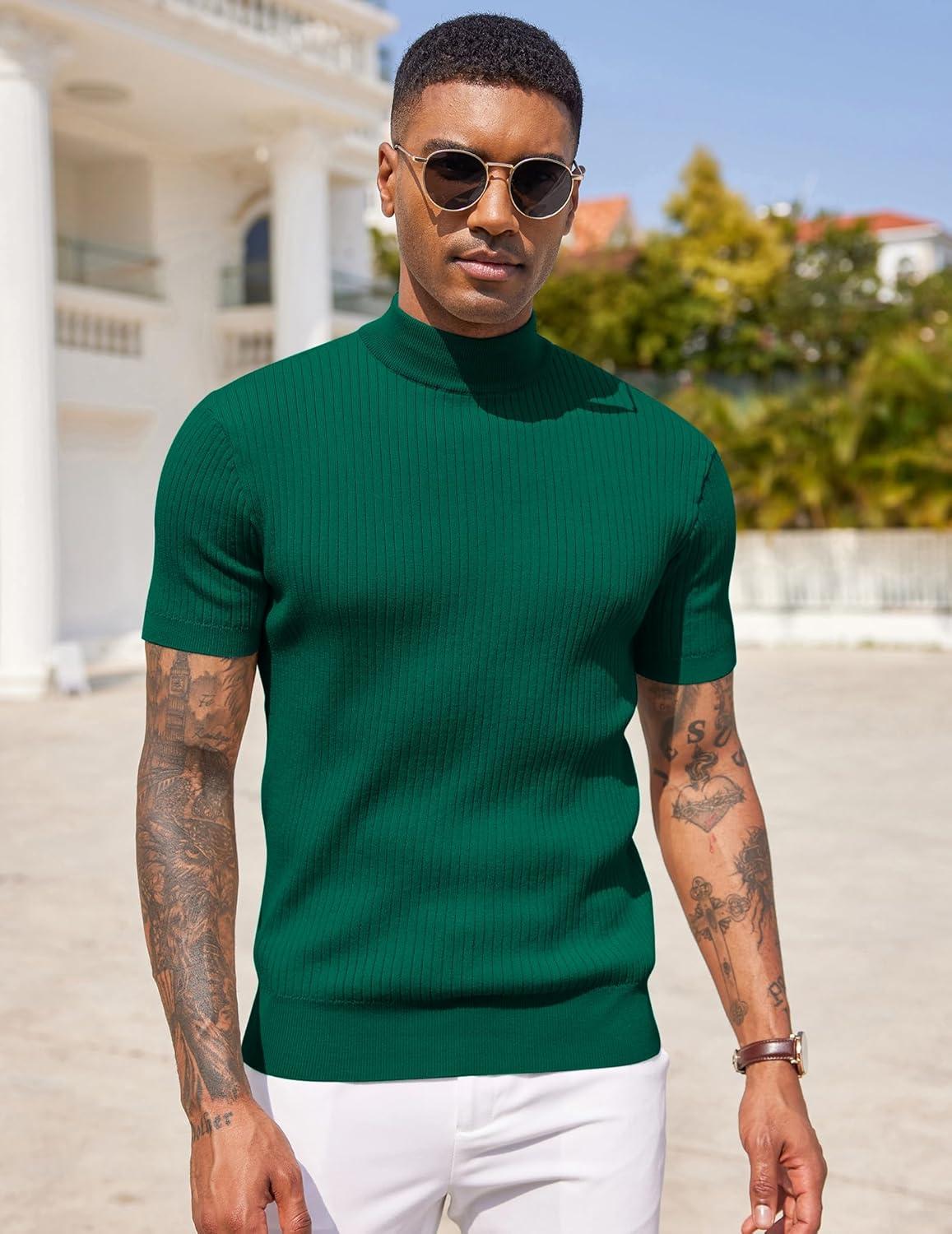 imageCOOFANDY Mens Mock Turtleneck Sweater Short Sleeve Casual Basic Tops Ribbed Knit Pullover Solid TeeDark Green