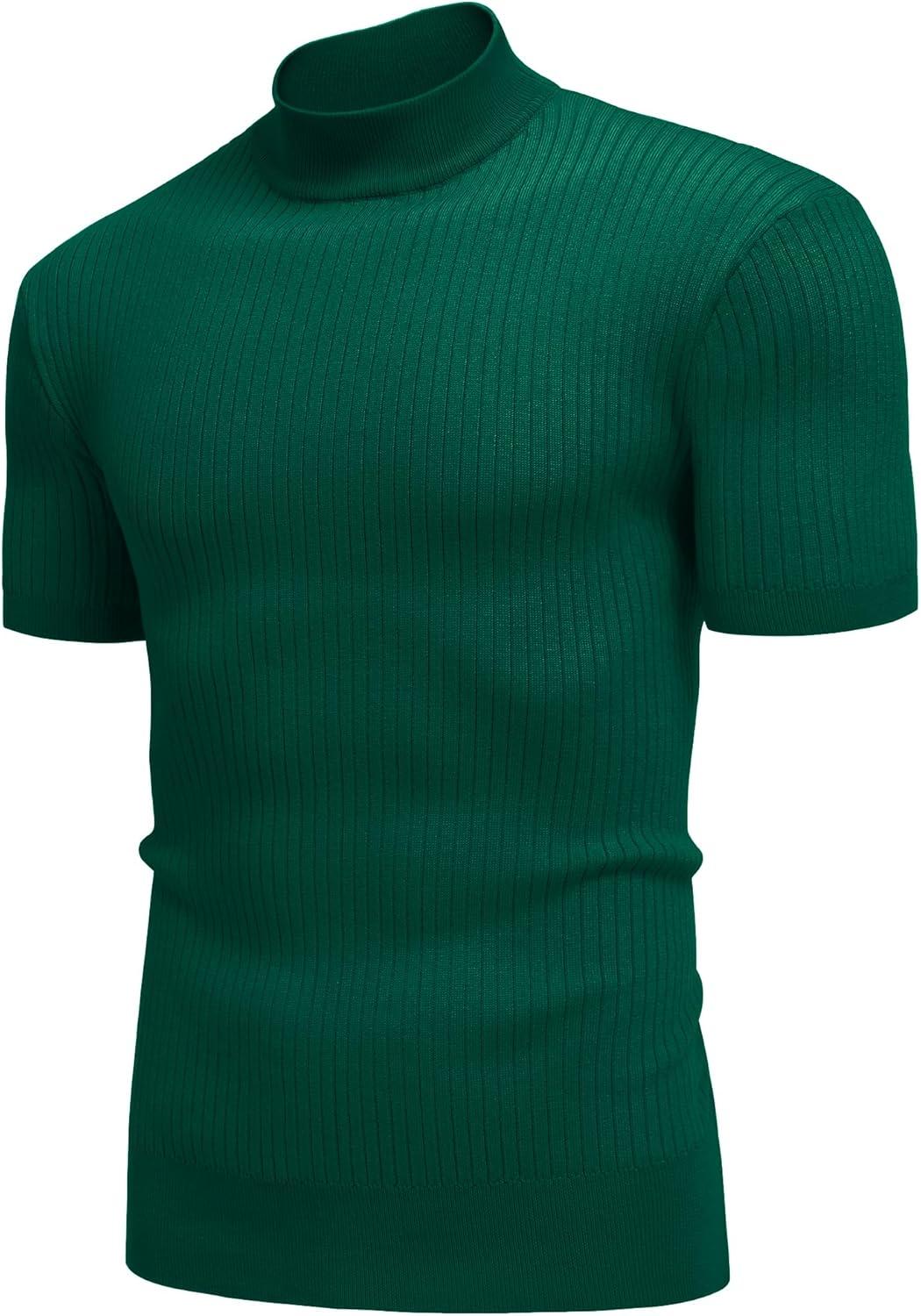 imageCOOFANDY Mens Mock Turtleneck Sweater Short Sleeve Casual Basic Tops Ribbed Knit Pullover Solid TeeDark Green