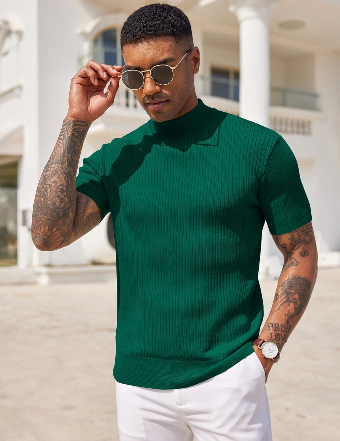 imageCOOFANDY Mens Mock Turtleneck Sweater Short Sleeve Casual Basic Tops Ribbed Knit Pullover Solid TeeDark Green