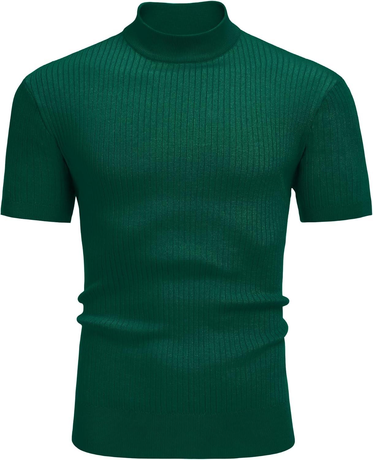 imageCOOFANDY Mens Mock Turtleneck Sweater Short Sleeve Casual Basic Tops Ribbed Knit Pullover Solid TeeDark Green