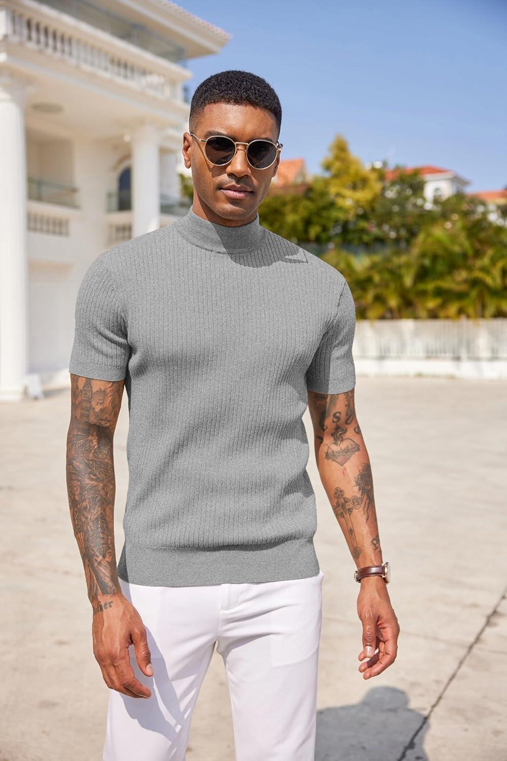 imageCOOFANDY Mens Mock Turtleneck Sweater Short Sleeve Casual Basic Tops Ribbed Knit Pullover Solid TeeLight Grey