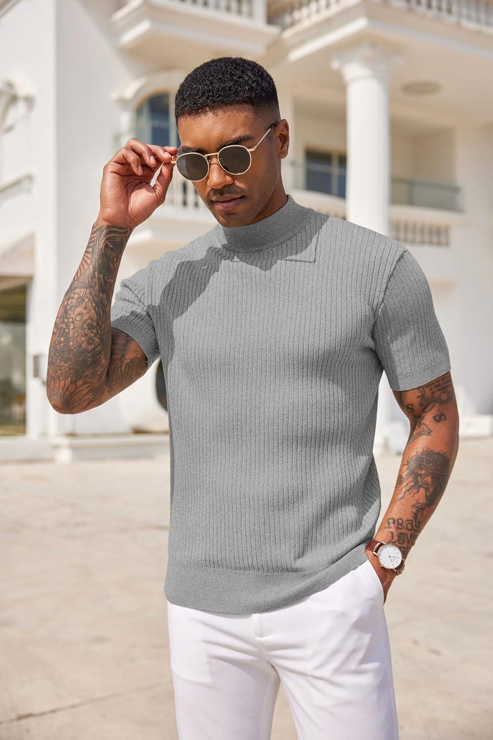 imageCOOFANDY Mens Mock Turtleneck Sweater Short Sleeve Casual Basic Tops Ribbed Knit Pullover Solid TeeLight Grey