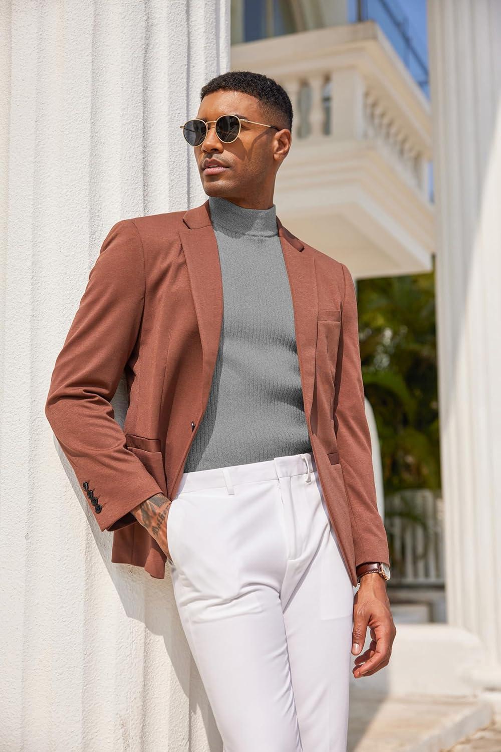 imageCOOFANDY Mens Mock Turtleneck Sweater Short Sleeve Casual Basic Tops Ribbed Knit Pullover Solid TeeLight Grey