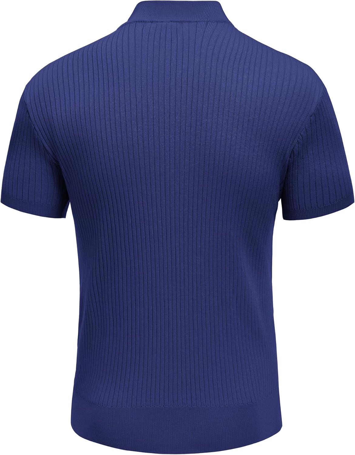 imageCOOFANDY Mens Mock Turtleneck Sweater Short Sleeve Casual Basic Tops Ribbed Knit Pullover Solid TeeNavy Blue