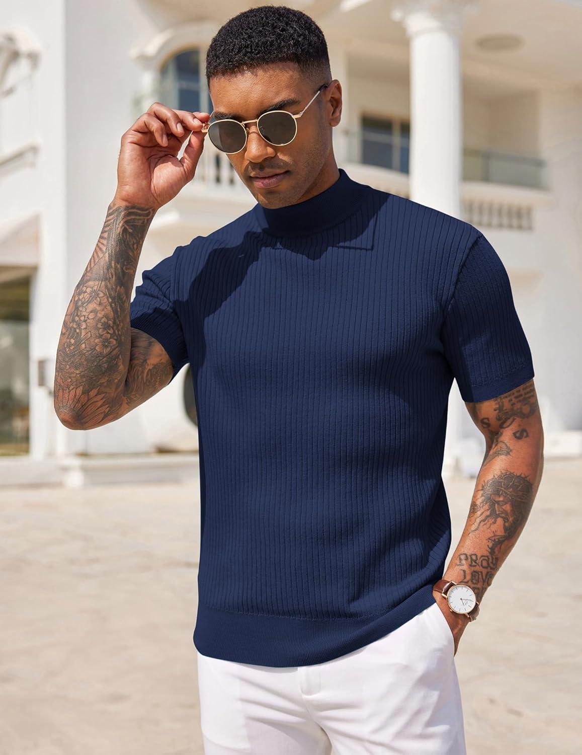 imageCOOFANDY Mens Mock Turtleneck Sweater Short Sleeve Casual Basic Tops Ribbed Knit Pullover Solid TeeNavy Blue