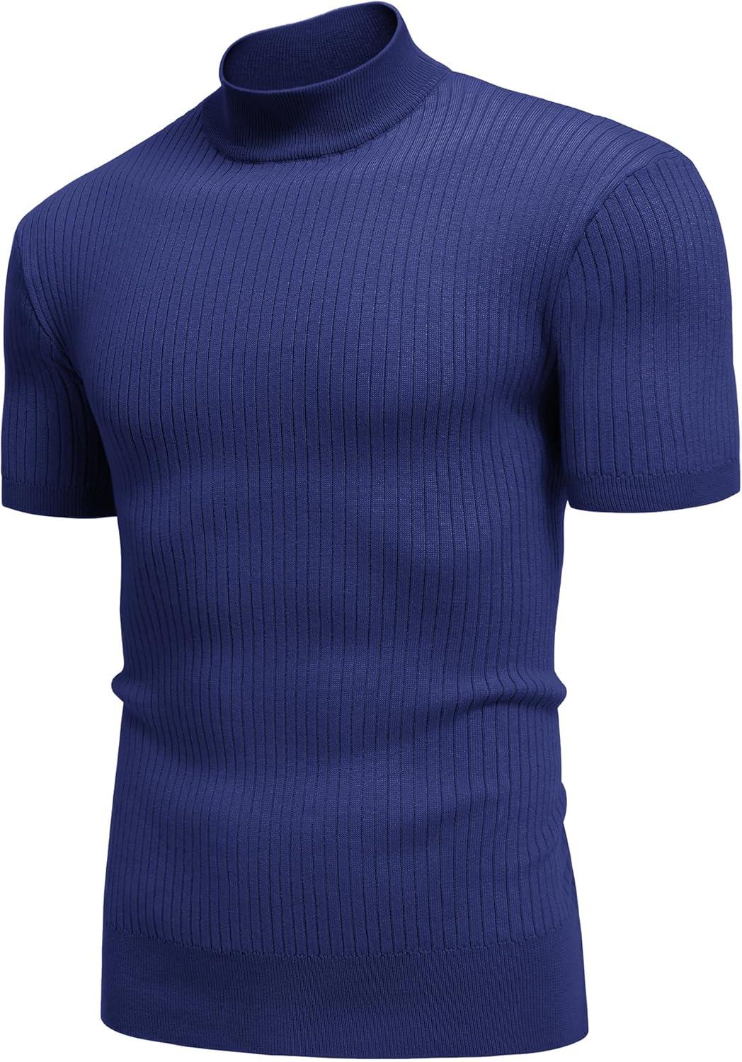 imageCOOFANDY Mens Mock Turtleneck Sweater Short Sleeve Casual Basic Tops Ribbed Knit Pullover Solid TeeNavy Blue