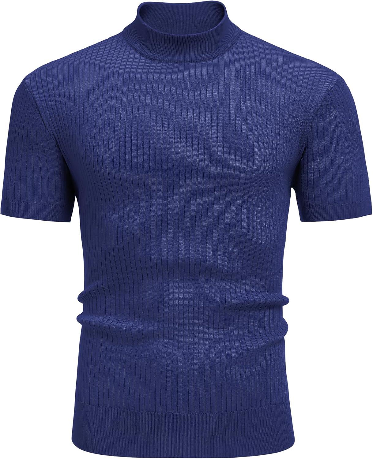 imageCOOFANDY Mens Mock Turtleneck Sweater Short Sleeve Casual Basic Tops Ribbed Knit Pullover Solid TeeNavy Blue