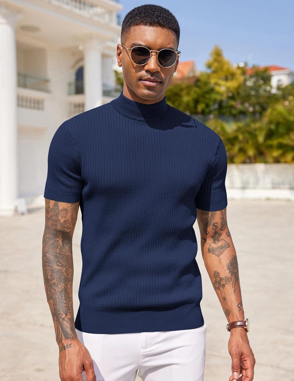 imageCOOFANDY Mens Mock Turtleneck Sweater Short Sleeve Casual Basic Tops Ribbed Knit Pullover Solid TeeNavy Blue