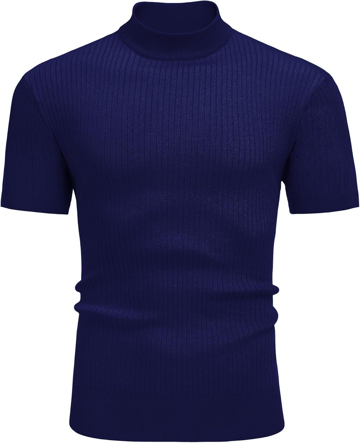 imageCOOFANDY Mens Mock Turtleneck Sweater Short Sleeve Casual Basic Tops Ribbed Knit Pullover Solid TeeNavy Blue