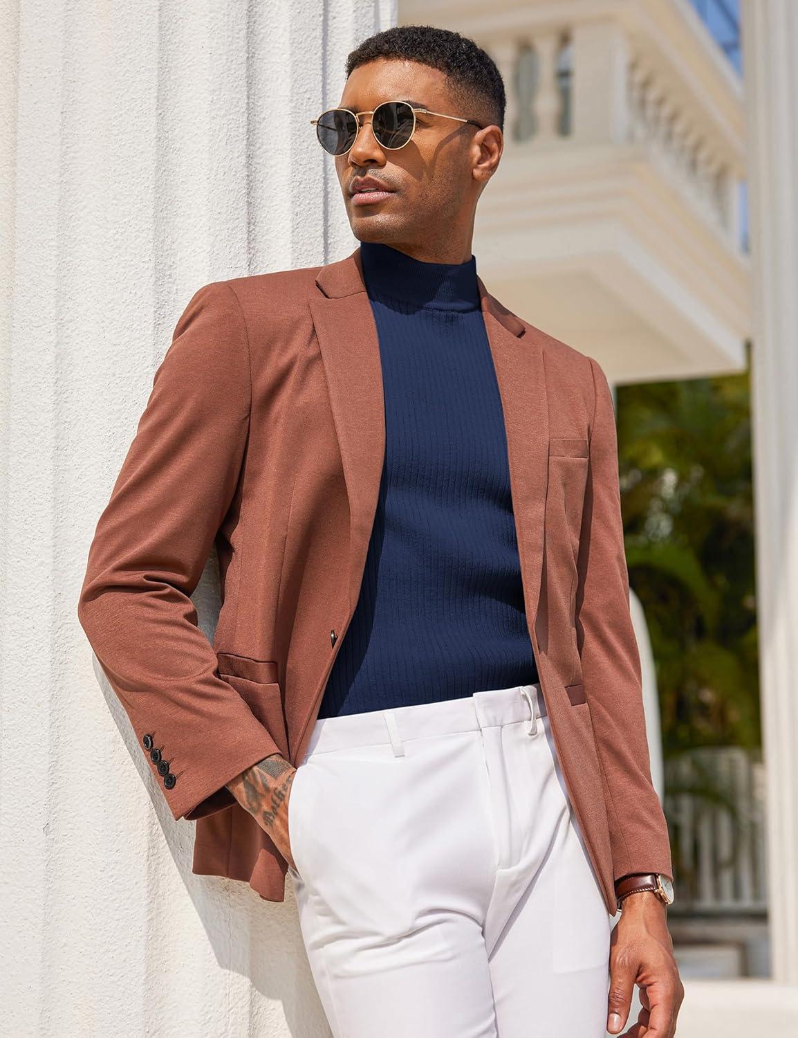 imageCOOFANDY Mens Mock Turtleneck Sweater Short Sleeve Casual Basic Tops Ribbed Knit Pullover Solid TeeNavy Blue